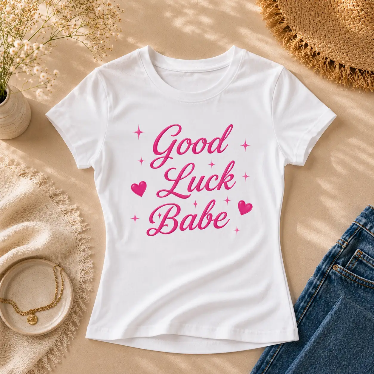 White Good Luck Babe fitted tee flat lay - pink script design pressed in Toronto