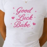 Good Luck Babe white fitted tee with hearts - trendy women's top Toronto