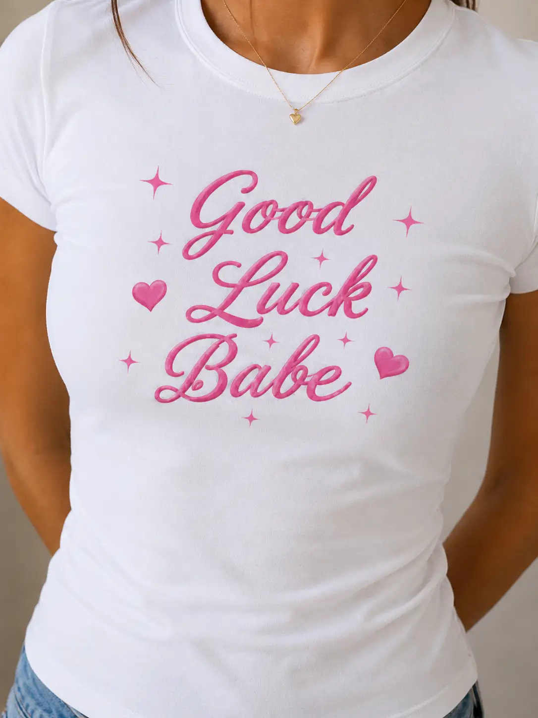 Good Luck Babe white fitted tee with hearts - trendy women's top Toronto