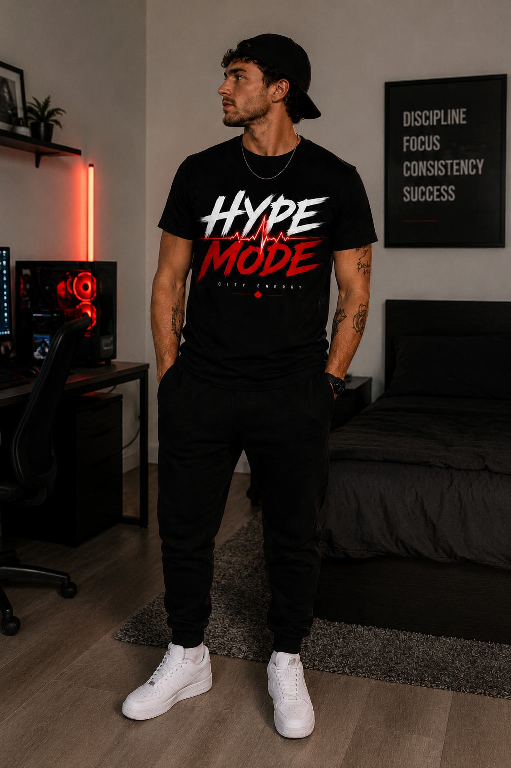 Man wearing black Hype Mode tee - unisex city energy tee Toronto
