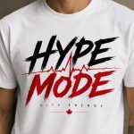 Hype Mode white tee close-up on model - bold red pulse design GTA