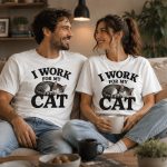 Couple wearing I Work For My Cat tees on the couch - funny cat lover tees Toronto