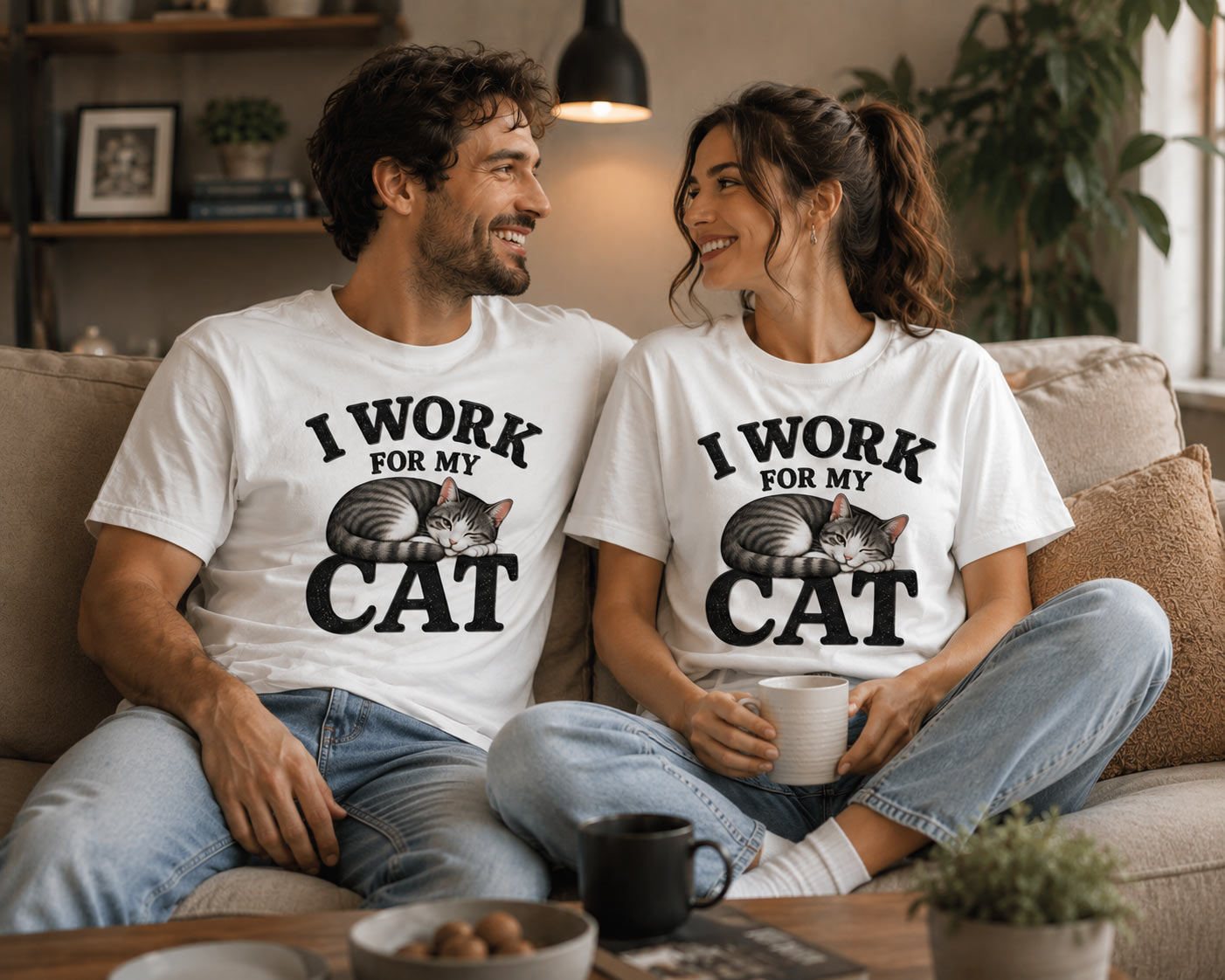 Couple wearing I Work For My Cat tees on the couch - funny cat lover tees Toronto