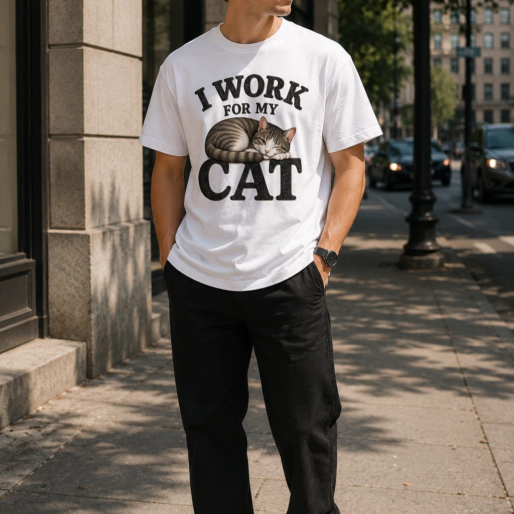 Man wearing white I Work For My Cat tee - funny unisex cat tee GTA