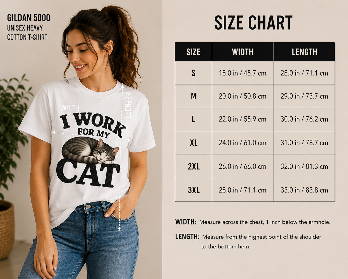 I Work For My Cat unisex tee size chart - Gildan 5000 sizes S to 3XL