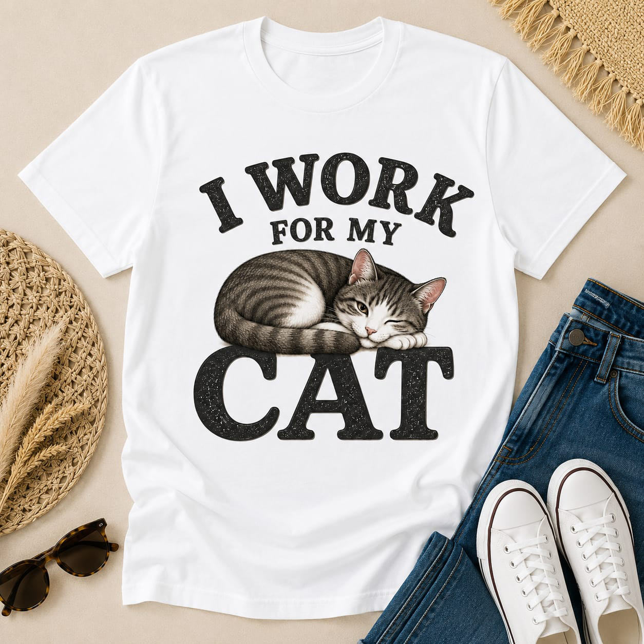 White I Work For My Cat tee flat lay with jeans - funny cat tee pressed in Toronto