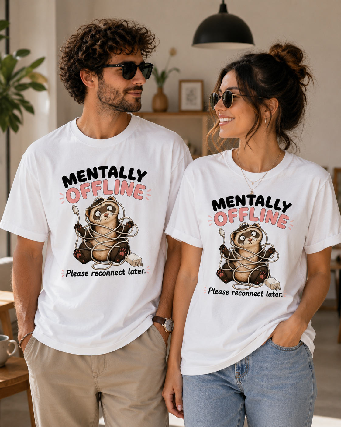 Couple wearing Mentally Offline tees - funny matching introvert tees Toronto