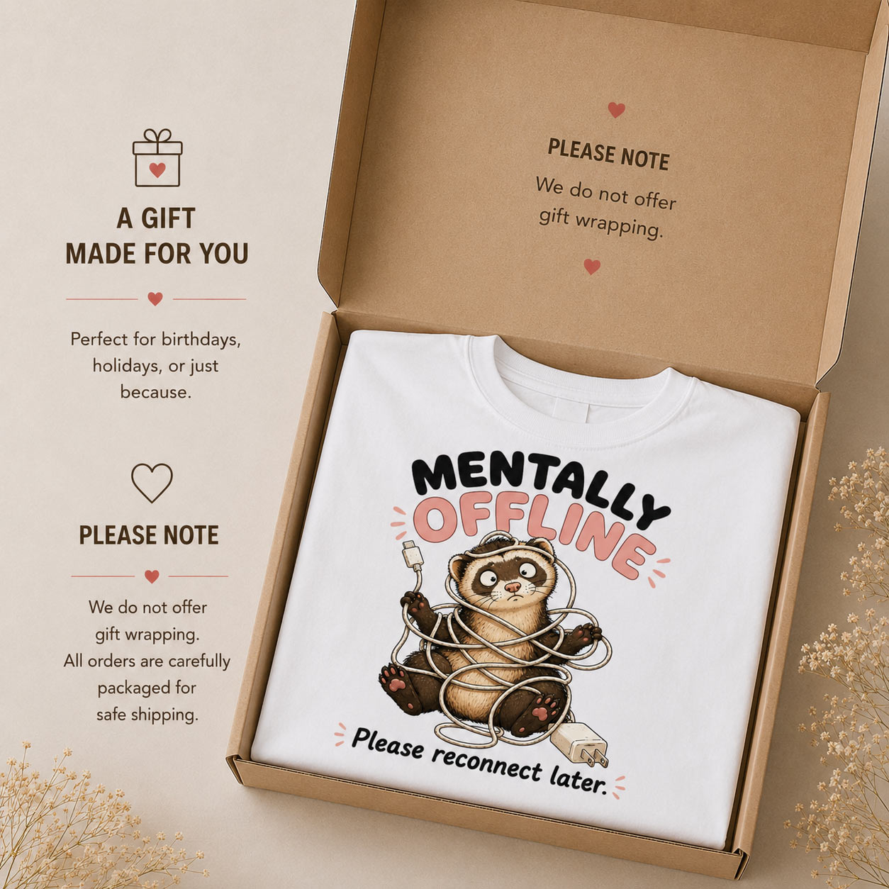 Mentally Offline tee in a gift box - funny tangled critter design - PrintMyVibe Toronto