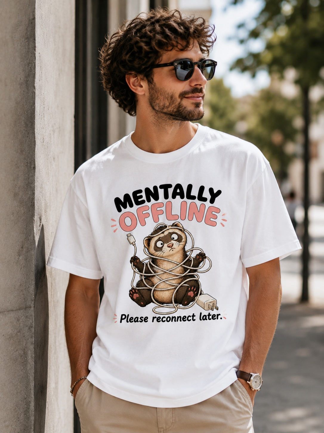 Man wearing white Mentally Offline tee outdoors - funny introvert tee Toronto