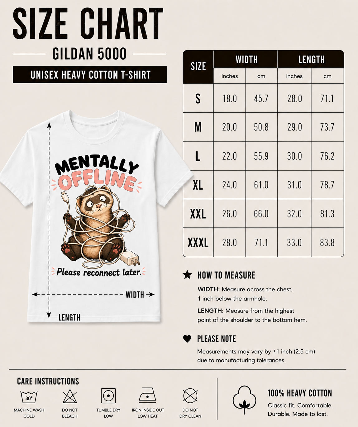 Mentally Offline unisex tee size chart - Gildan 5000 heavy cotton sizes S to 3XL