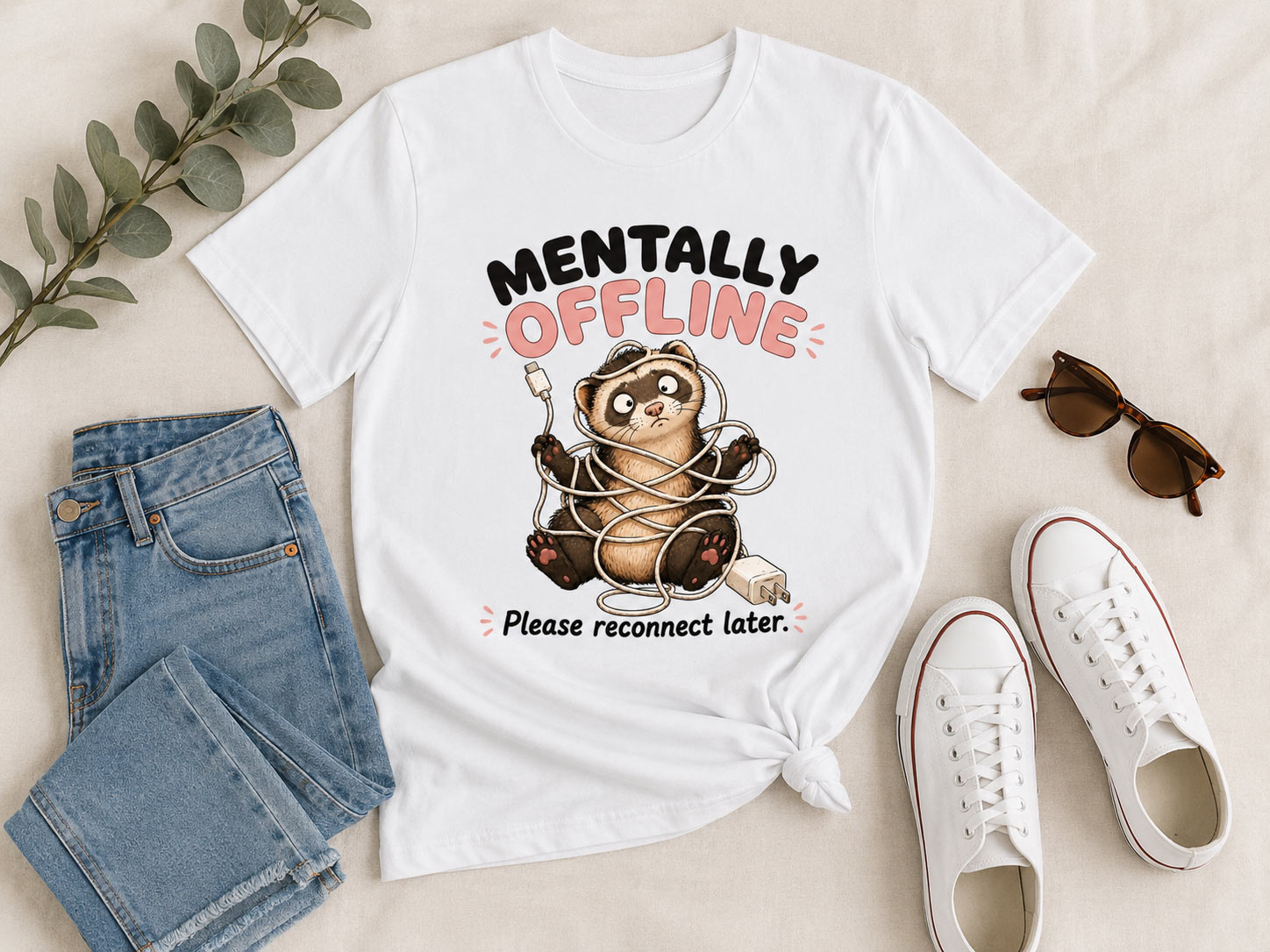 White Mentally Offline tee flat lay with jeans - funny meme tee Canada