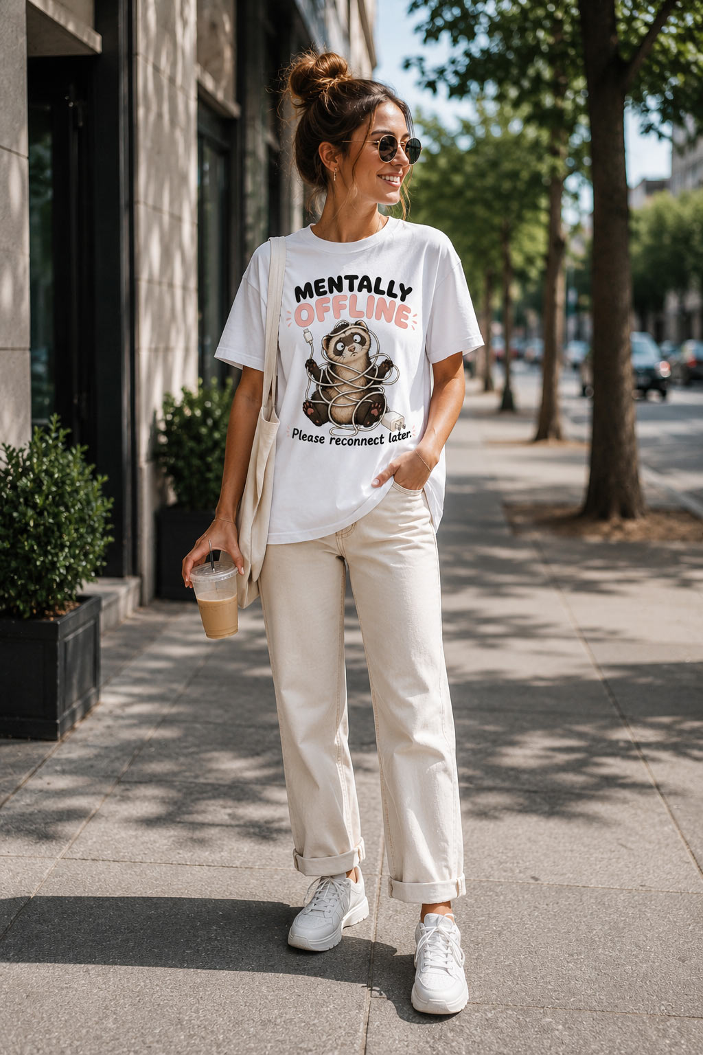 Woman wearing white Mentally Offline tee outdoors - funny meme tee Canada