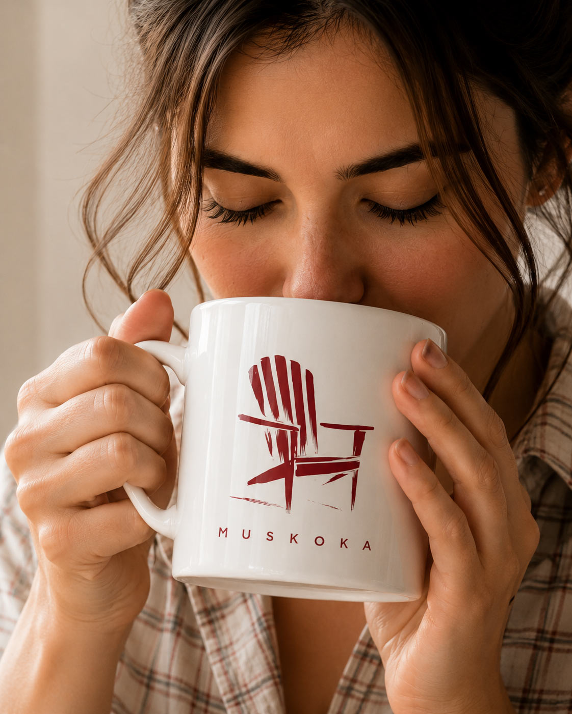 muskoka-mug-model-drinking Muskoka Mug — 11oz Muskoka Chair Cottage Ceramic Mug - being used - PrintMyVibe Toronto