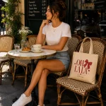 oh-la-la-paris-tote-bag-cafe Oh La La Paris tote styled at a cafe table - coquette French girl bag Canada