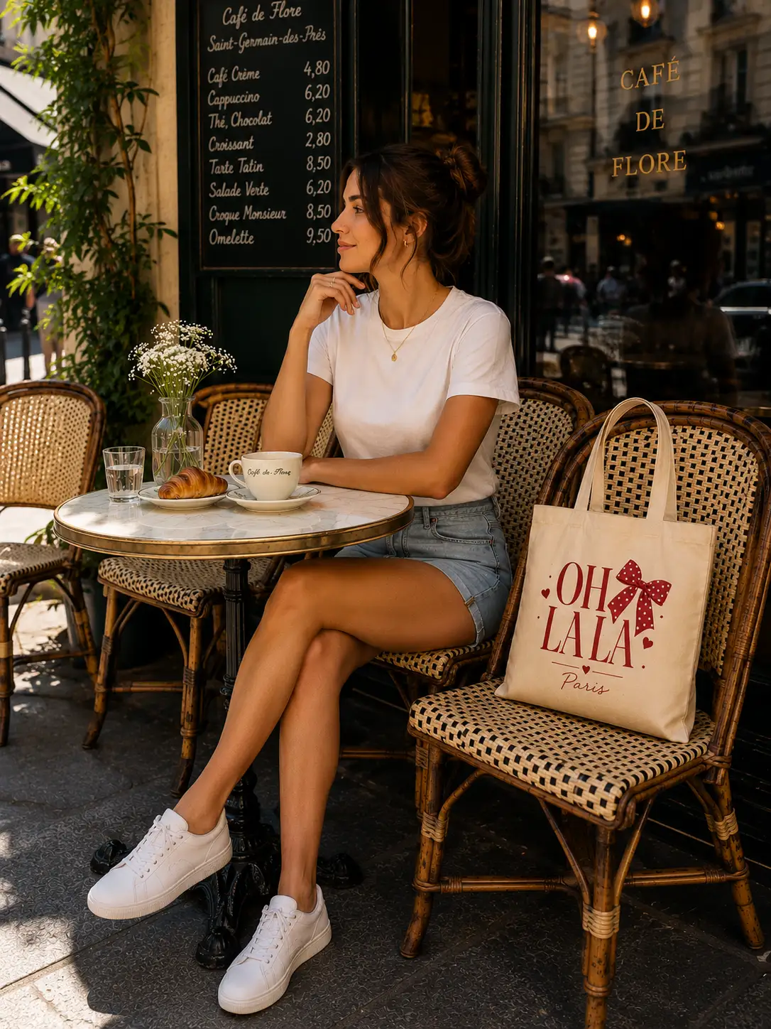 oh-la-la-paris-tote-bag-cafe Oh La La Paris tote styled at a cafe table - coquette French girl bag Canada