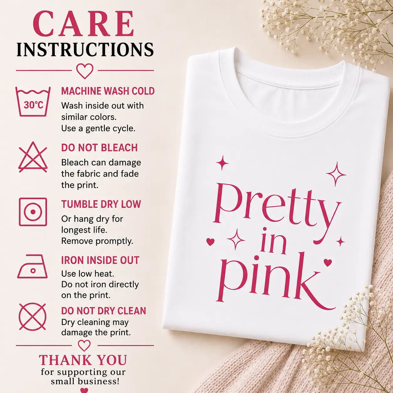 Pretty in Pink top care instructions - wash cold, do not bleach, hang dry - PrintMyVibe Toronto