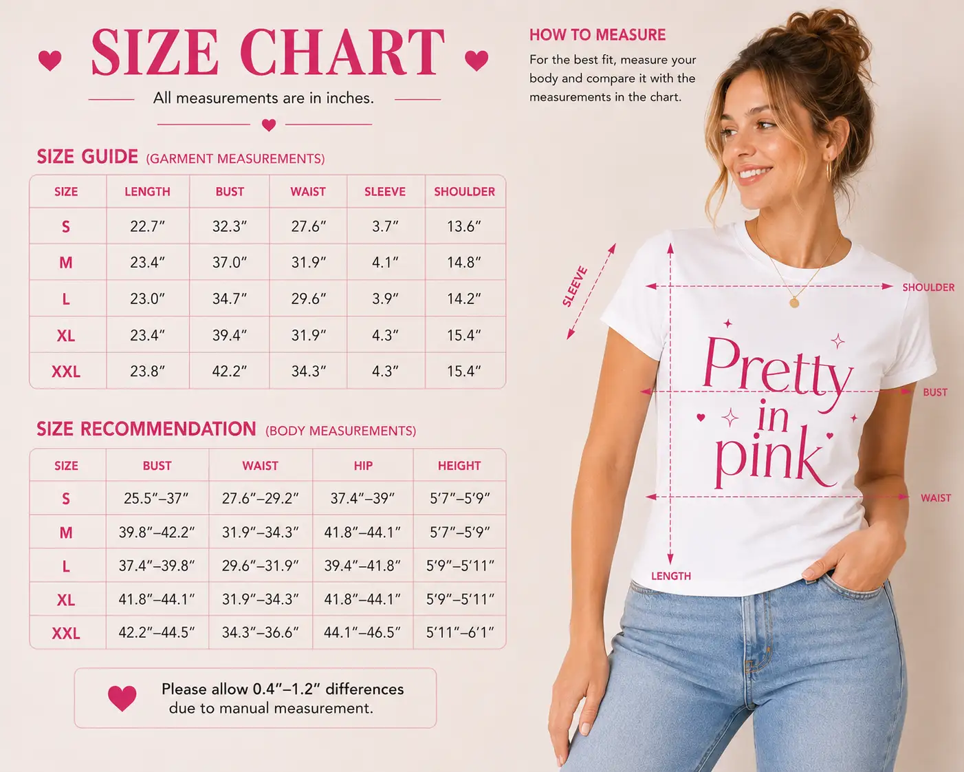 Pretty in Pink women's top size chart - fitted sizes S to XXL