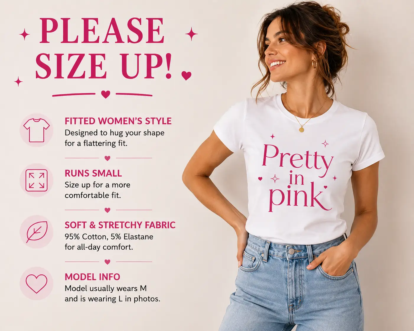 Pretty in Pink fitted top sizing guide - runs small, please size up - PrintMyVibe