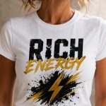 Rich Energy print detail - black and gold lettering with lightning bolt splatter