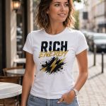 Woman wearing white Rich Energy fitted top with gold lightning bolt - PrintMyVibe Toronto