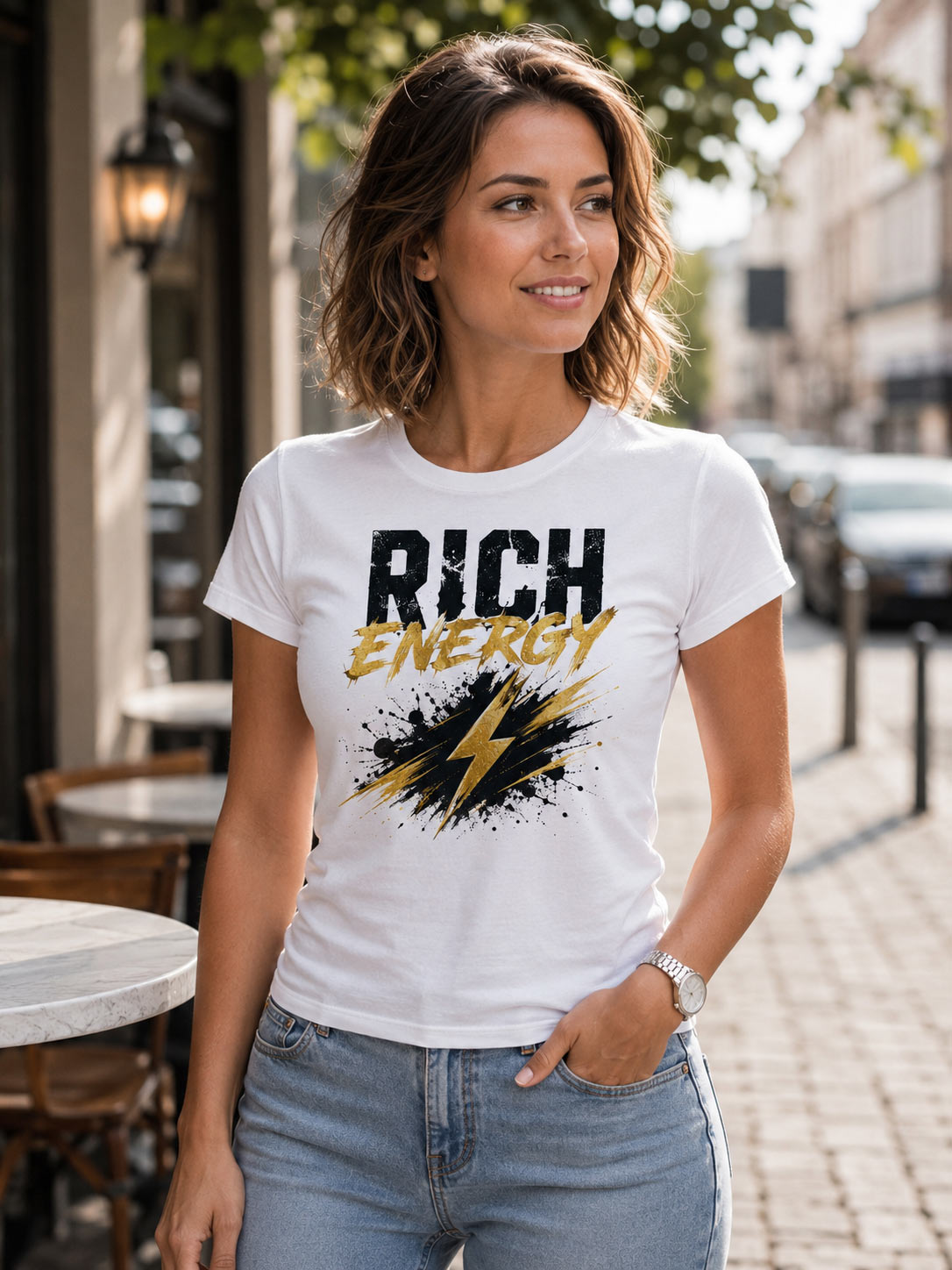 Woman wearing white Rich Energy fitted top with gold lightning bolt - PrintMyVibe Toronto