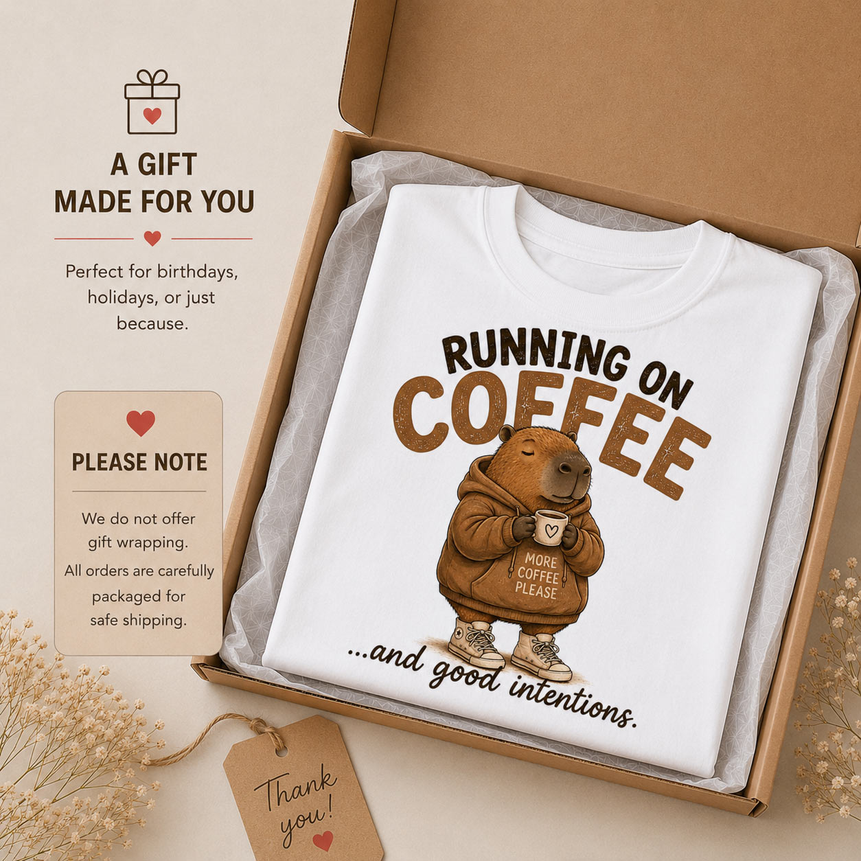 Running On Coffee tee in a gift box - funny capybara coffee gift idea Toronto