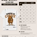 Running On Coffee unisex tee size chart - Gildan 5000 heavy cotton sizes S to 3XL