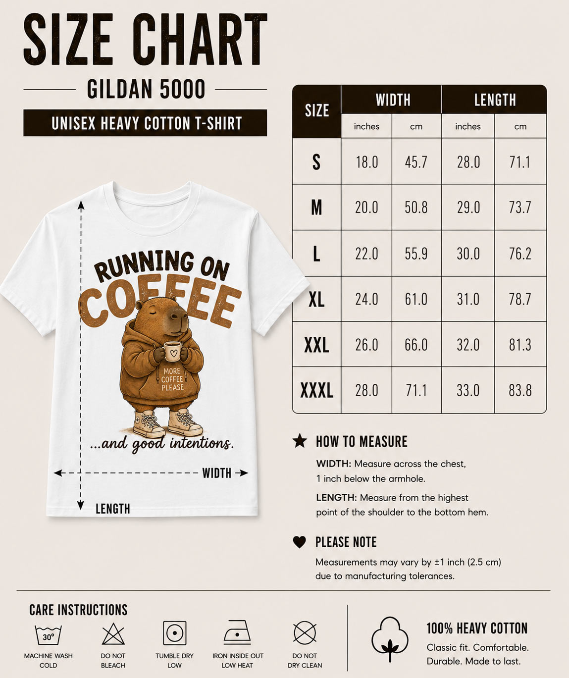 Running On Coffee unisex tee size chart - Gildan 5000 heavy cotton sizes S to 3XL