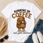 White Running On Coffee tee flat lay with jeans - funny capybara tee pressed in Toronto