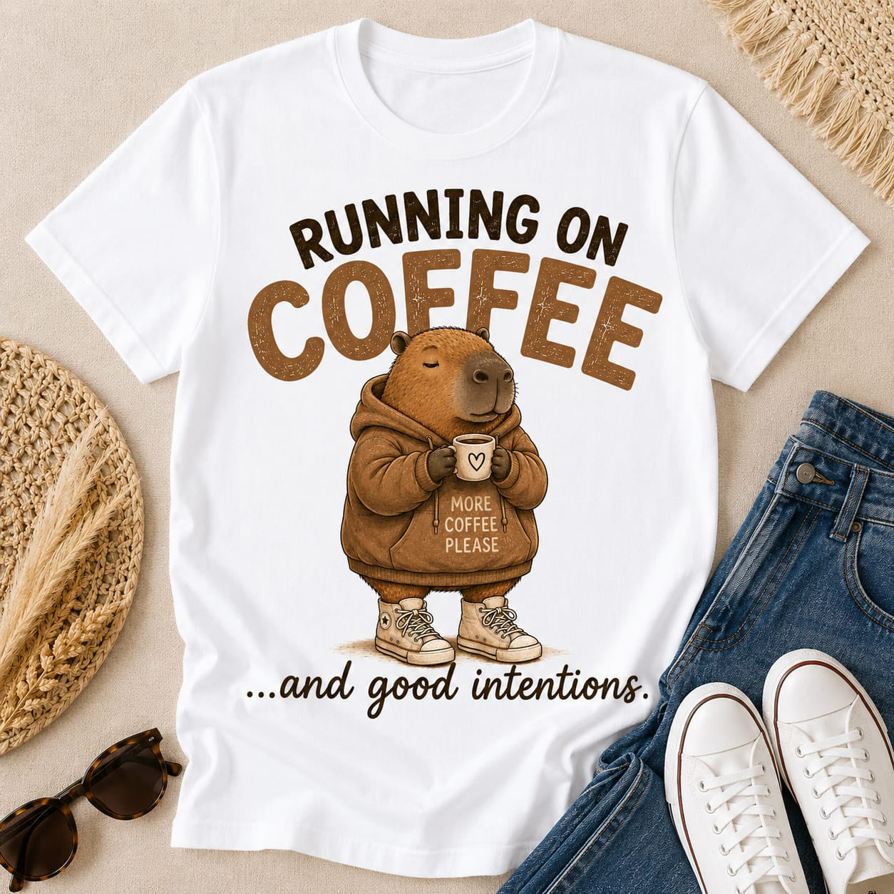 White Running On Coffee tee flat lay with jeans - funny capybara tee pressed in Toronto
