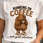 Running On Coffee capybara tee close-up on model - funny coffee tee Toronto