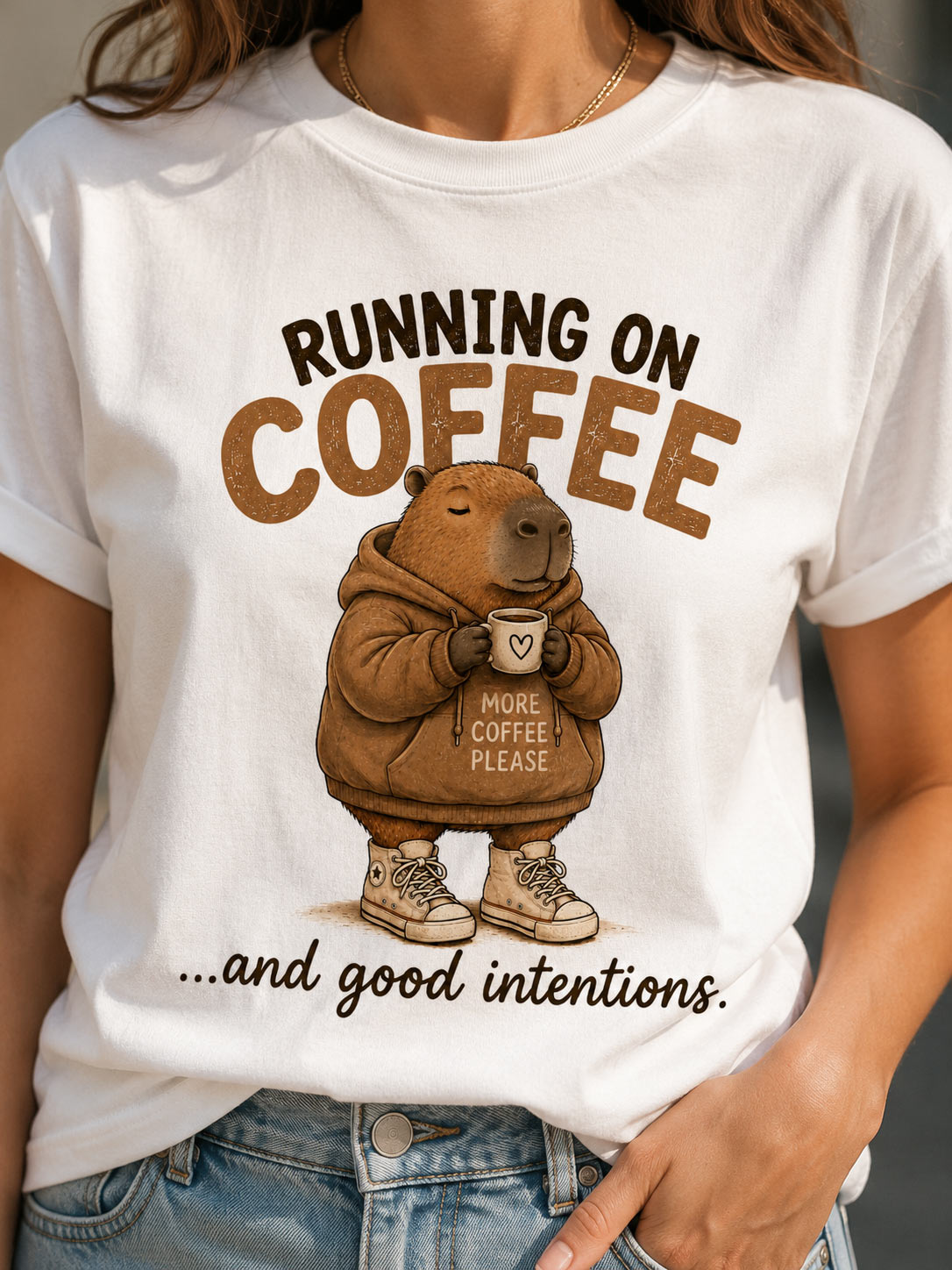 Running On Coffee capybara tee close-up on model - funny coffee tee Toronto