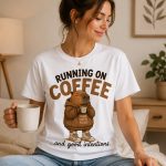 Woman wearing white Running On Coffee capybara tee holding a mug - PrintMyVibe Toronto