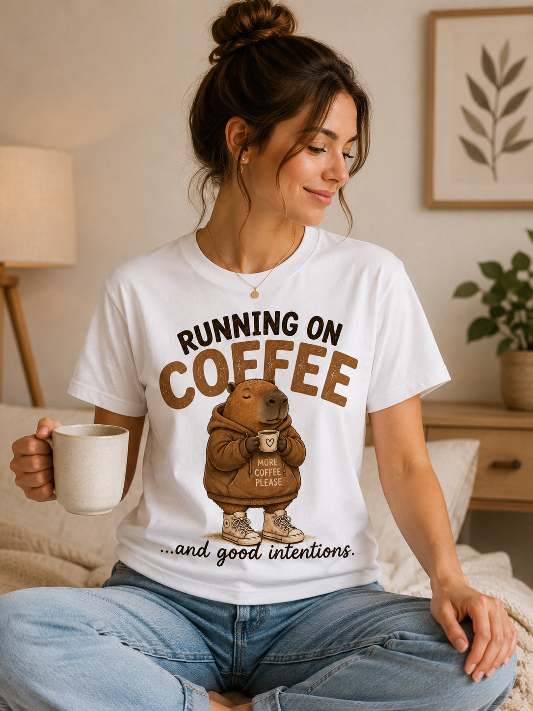 Woman wearing white Running On Coffee capybara tee holding a mug - PrintMyVibe Toronto