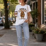 Woman in Running On Coffee tee outdoors - funny capybara coffee tee Canada