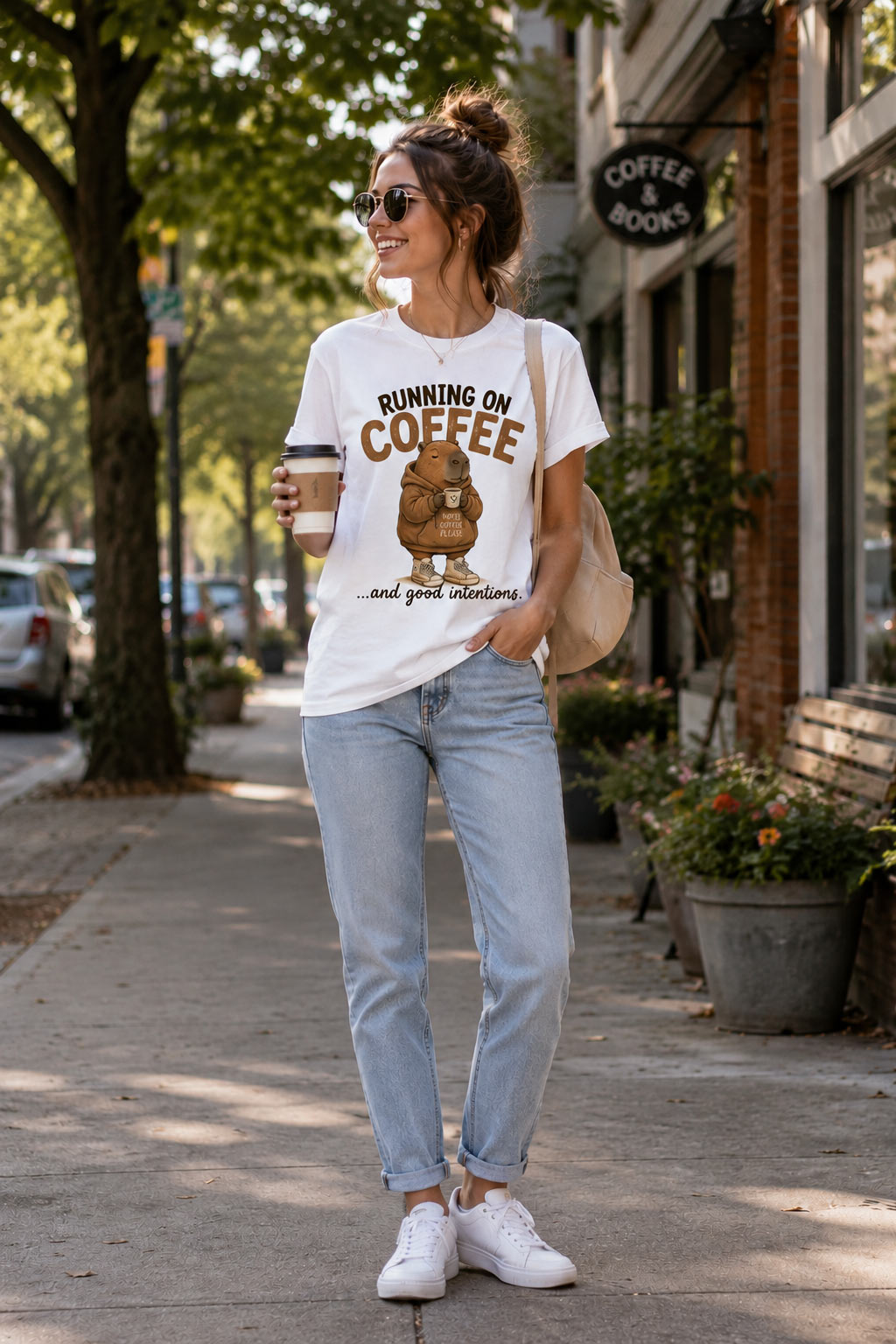 Woman in Running On Coffee tee outdoors - funny capybara coffee tee Canada