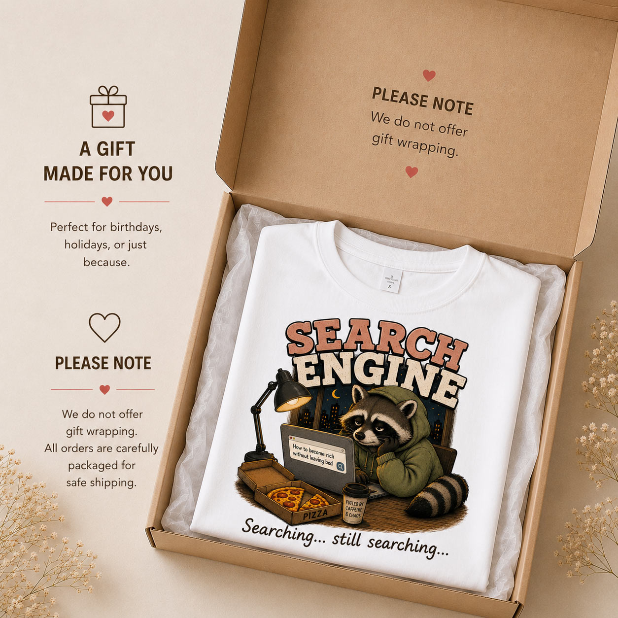 Search Engine tee in a gift box - funny raccoon gift idea Toronto