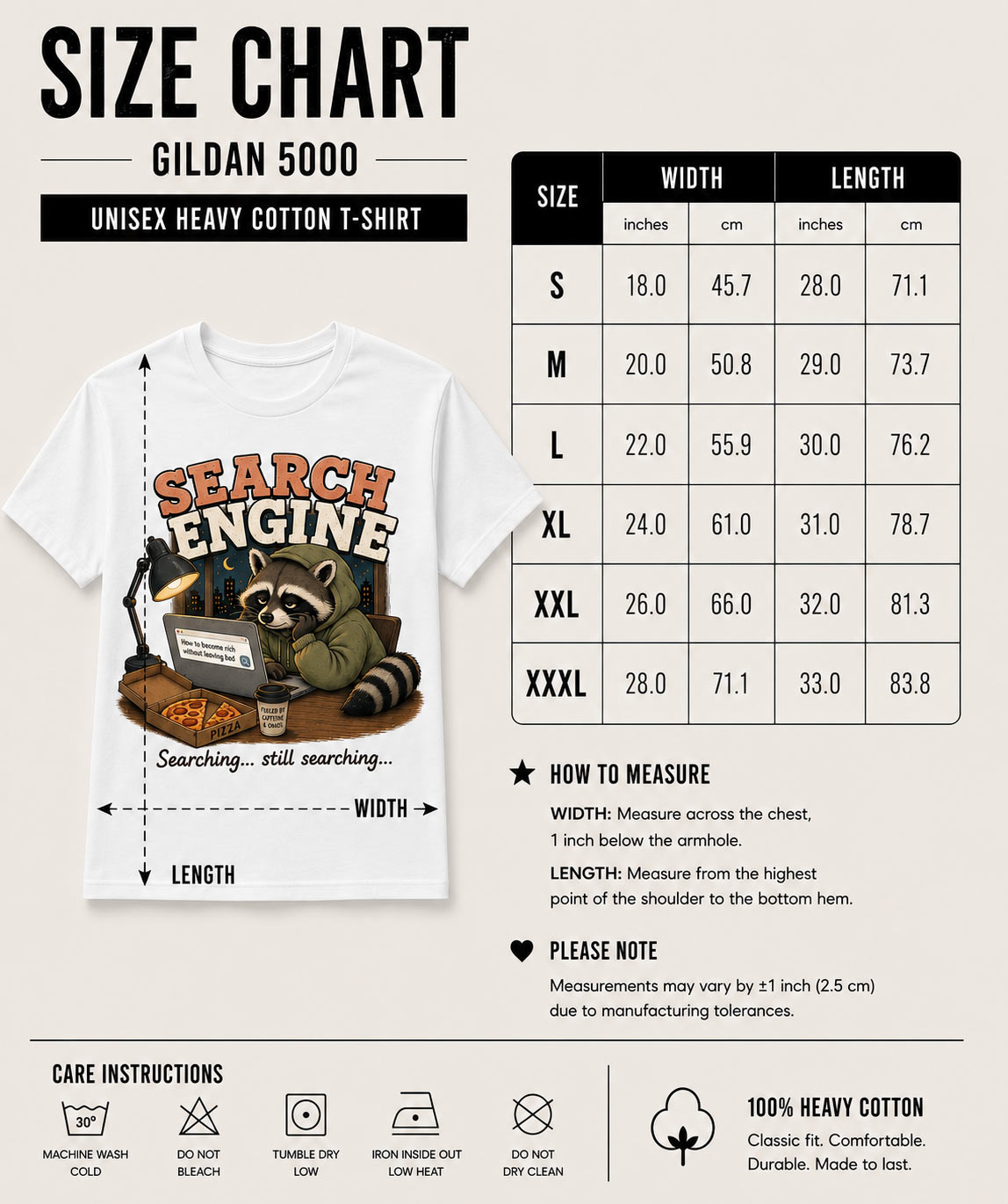Search Engine unisex tee size chart - Gildan 5000 heavy cotton sizes S to 3XL