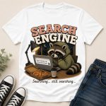 White Search Engine tee flat lay with jeans - funny raccoon tee pressed in Toronto
