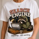 Search Engine raccoon tee close-up on model - funny meme tee GTA