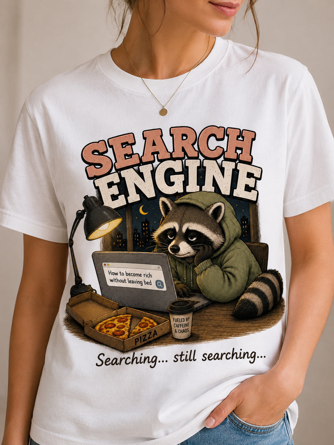 Search Engine raccoon tee close-up on model - funny meme tee GTA
