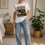 Woman wearing Search Engine tee at home - funny raccoon laptop tee Toronto