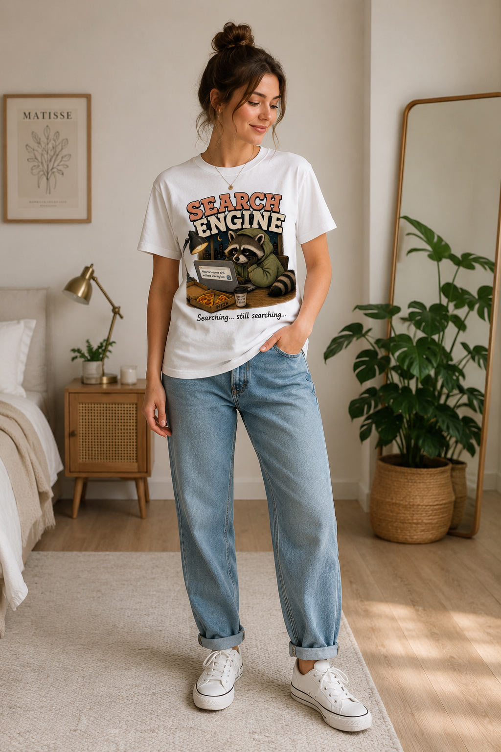 Woman wearing Search Engine tee at home - funny raccoon laptop tee Toronto
