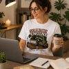 Woman wearing white Search Engine funny raccoon tee at a laptop - PrintMyVibe Toronto