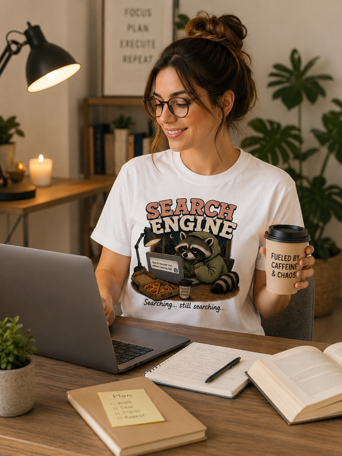 Woman wearing white Search Engine funny raccoon tee at a laptop - PrintMyVibe Toronto