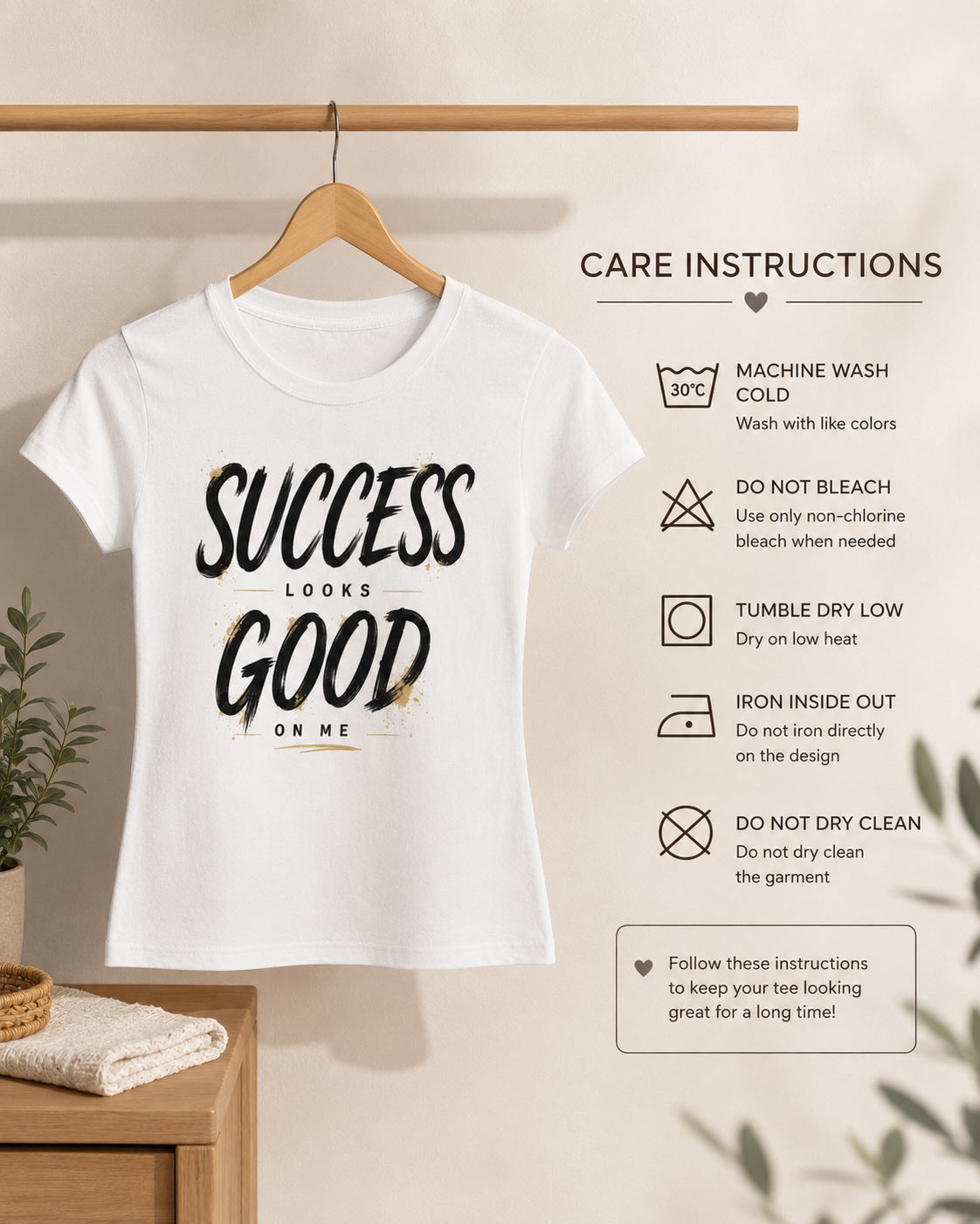 Success Looks Good On Me top care instructions - wash cold, do not bleach, hang dry