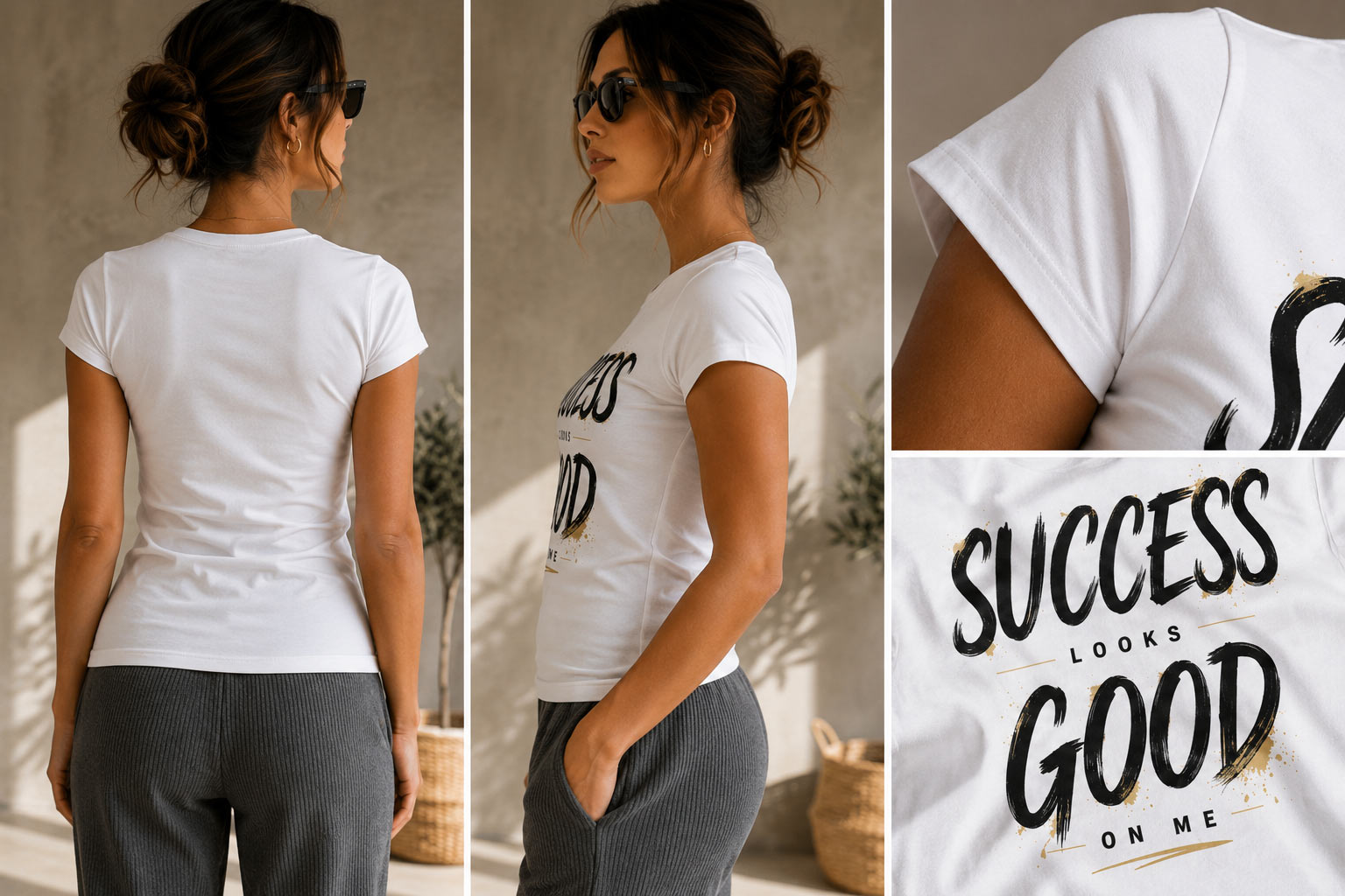 Success Looks Good On Me fitted top front, side and back views - PrintMyVibe