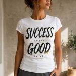 Woman wearing white Success Looks Good On Me fitted top - PrintMyVibe Toronto