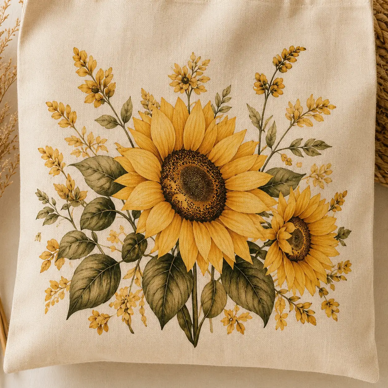 sunflower-tote-bag-flatlay-printmyvibe-toronto Sunflower canvas tote with golden botanical bouquet flat lay - PrintMyVibe Toronto