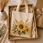 sunflower-tote-bag-mockup-03 Golden sunflower and greenery canvas tote close-up - botanical print detail as a gift idea